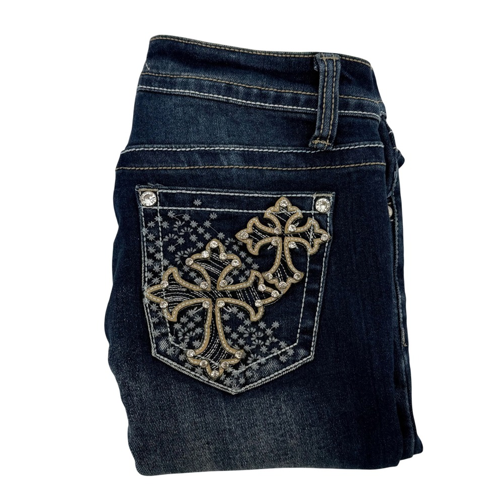 Fire & Rain Womens Dark Wash Rhinestone‎ Cross Embellished Bootcut Jeans Size 9